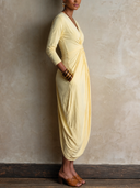 Women V‑Neck Twist Front Draped Midi Maxi Dress, Long Sleeve Asymmetrical Ruched Casual Vacation Dress With Pockets ZMZ1786H4YZH