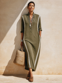 Women's Stylish Army Green Cotton Long-Sleeve Midi Dress ZMZ1910H2SWL