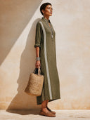 Women's Stylish Army Green Cotton Long-Sleeve Midi Dress ZMZ1910H2SWL