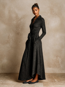 Women's Urban Casual Dark Grey Collared Tie-Waist Knit Maxi Dress ZMZ1988H1XT