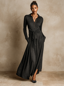 Women's Urban Casual Dark Grey Collared Tie-Waist Knit Maxi Dress ZMZ1988H1XT