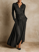 Women's Urban Casual Dark Grey Collared Tie-Waist Knit Maxi Dress ZMZ1988H1XT