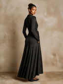 Women's Urban Casual Dark Grey Collared Tie-Waist Knit Maxi Dress ZMZ1988H1XT