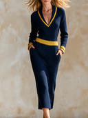 Women's Retro Urban Quiet Luxury Knitted Color Block V-Neck Long Sleeve Maxi Dress ZMZ2065H1ZJY