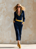 Women's Retro Urban Quiet Luxury Knitted Color Block V-Neck Long Sleeve Maxi Dress ZMZ2065H1ZJY