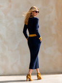 Women's Retro Urban Quiet Luxury Knitted Color Block V-Neck Long Sleeve Maxi Dress ZMZ2065H1ZJY