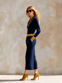 Women's Retro Urban Quiet Luxury Knitted Color Block V-Neck Long Sleeve Maxi Dress ZMZ2065H1ZJY