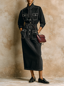 Women's Minimalist Casual Corduroy Utility-Style Shirt Maxi Dress ZMZ2035H3XT
