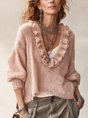 Women's Fashionable Light Pink Deep V-neck Ruffled Loose Long-sleeved Sweater ZMZ2007H3SWL