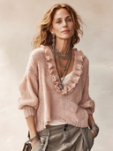 Women's Fashionable Light Pink Deep V-neck Ruffled Loose Long-sleeved Sweater ZMZ2007H3SWL