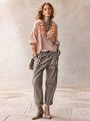 Women's Fashionable Light Pink Deep V-neck Ruffled Loose Long-sleeved Sweater ZMZ2007H3SWL