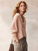 Women's Fashionable Light Pink Deep V-neck Ruffled Loose Long-sleeved Sweater ZMZ2007H3SWL