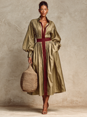 Women's Retro Casual Red Striped Color-Block Midi Shirt Dress ZMZ1966H3XT