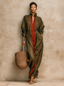 Women's Resort-Style Color-Block V-Neck Long-Sleeve Maxi Dress ZMZ1979H2XT