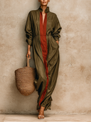 Women's Resort-Style Color-Block V-Neck Long-Sleeve Maxi Dress ZMZ1979H2XT