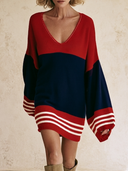 Women Oversized Color Block Knit Mini Dress, V Neck Long Lantern Sleeve Striped Ribbed Fall Casual Sweater Dress ZMZ2035H7YZH
