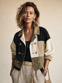 Women's Vintage Color-Block Cotton Double-Breasted Cropped Jacket ZMZ2090H0SWL