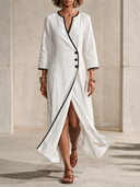 Women's French-style Elegant Color-block V-neck Cotton-linen Maxi Dress ZMZ1867H6XT