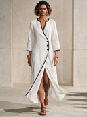 Women's French-style Elegant Color-block V-neck Cotton-linen Maxi Dress ZMZ1867H6XT