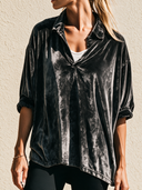 Women's Retro Urban Quiet Luxury Velvet Polo Collar Three-Quarter Sleeve T-Shirt ZMZ1969H6ZJY