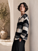 Women's Classic Retro Casual Horizontal-Stripe Single-Breasted Knit Cardigan ZMZ2008H5ZYY
