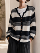 Women's Classic Retro Casual Horizontal-Stripe Single-Breasted Knit Cardigan ZMZ2008H5ZYY