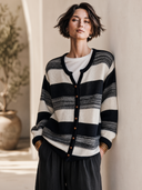 Women's Classic Retro Casual Horizontal-Stripe Single-Breasted Knit Cardigan ZMZ2008H5ZYY