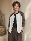 Women's American Retro Casual Single-Breasted Twill Jacket With Leopard Print Paneling ZMZ2010H0ZYY