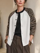 Women's American Retro Casual Single-Breasted Twill Jacket With Leopard Print Paneling ZMZ2010H0ZYY