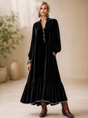 Women's Vintage Elegant Velvet V-Neck Lantern-Sleeve Loose Maxi Dress ZMZ2099H7ZYY