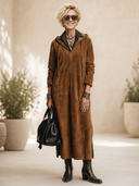 Women's American Retro Faux Suede Hooded Long-Sleeve Loose Maxi Dress ZMZ2055H8ZYY