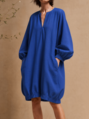 Women's Classic Casual Cotton-Linen V-Neck Lantern-Sleeve Loose Mini Dress ZMZ2099H0ZYY