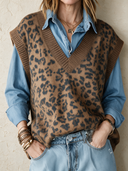 Women's Retro Casual Western Style Leopard Print Knitted Loose V-Neck Pullover Vest ZMZ1986H4ZJY