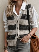Women's Retro Casual Simple Street Style Striped Knit Button Vest ZMZ1982H0ZJY