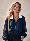 Women's Fashionable Navy Blue Color-blocked Zip-up Collar Long-sleeved Top ZMZ2092H1SWL