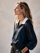 Women's Fashionable Navy Blue Color-blocked Zip-up Collar Long-sleeved Top ZMZ2092H1SWL