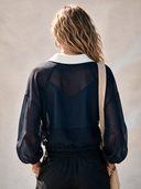 Women's Fashionable Navy Blue Color-blocked Zip-up Collar Long-sleeved Top ZMZ2092H1SWL