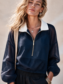 Women's Fashionable Navy Blue Color-blocked Zip-up Collar Long-sleeved Top ZMZ2092H1SWL