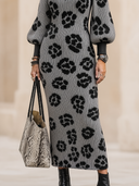 Women's Vintage Elegant Jacquard Knit Slim-Fit Dress With Crew Neck And Lantern Sleeves ZMZ2004H5ZYY