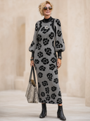 Women's Vintage Elegant Jacquard Knit Slim-Fit Dress With Crew Neck And Lantern Sleeves ZMZ2004H5ZYY