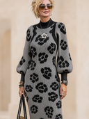 Women's Vintage Elegant Jacquard Knit Slim-Fit Dress With Crew Neck And Lantern Sleeves ZMZ2004H5ZYY