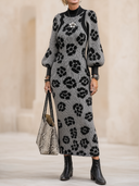 Women's Vintage Elegant Jacquard Knit Slim-Fit Dress With Crew Neck And Lantern Sleeves ZMZ2004H5ZYY