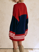 Women Oversized Color Block Knit Mini Dress, V Neck Long Lantern Sleeve Striped Ribbed Fall Casual Sweater Dress ZMZ2035H7YZH