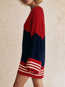 Women Oversized Color Block Knit Mini Dress, V Neck Long Lantern Sleeve Striped Ribbed Fall Casual Sweater Dress ZMZ2035H7YZH