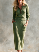 Women's Retro Casual Minimalist Knitted Ribbed Polo Long-Sleeve Top And Skirt Set ZMZ2185H9ZJY