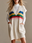 Women's Retro Street Style Casual Cotton Yarn Rainbow Knit V-Neck Sleeveless Mini Dress ZMZ2110H2ZJY