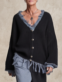 Women's Oversized Denim-Trim Fringe Knit Cardigan ZMZ2106H0YZH