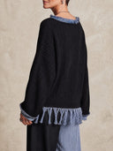 Women's Oversized Denim-Trim Fringe Knit Cardigan ZMZ2106H0YZH