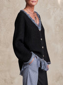 Women's Oversized Denim-Trim Fringe Knit Cardigan ZMZ2106H0YZH