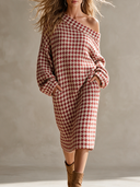 Women's Retro Casual Houndstooth Blend Off-Shoulder Long Sleeve Midi Dress ZMZ2145H0ZJY